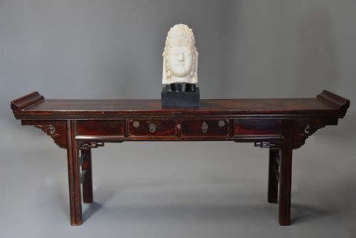 Late 19thc Chinese Elm Two Drawer Side Table of Large Proportions