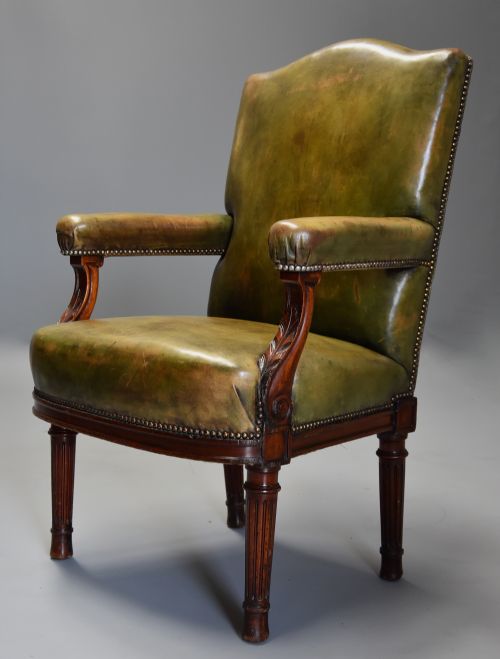 fig 1. Late 19th century mahogany green leather open armchair