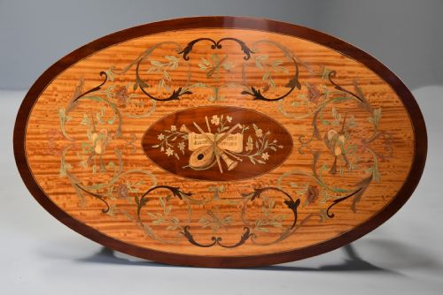 fig 1. Superbly fine quality Edwardian inlaid satinwood 2 tier coffee table of oval form