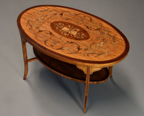 fig 3. Superbly fine quality Edwardian inlaid satinwood 2 tier coffee table of oval form