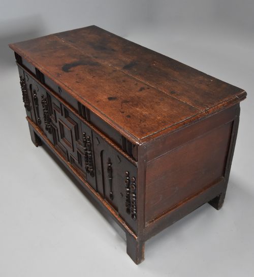 fig 1. Rare mid-late 17th century oak moulded front coffer with fine patina