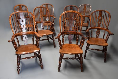 Superb Rare Set of Eight 19th Century Burr Yew Broad Arm High Back Windsor Armchairs of Superb Patina