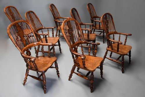 fig 2. Superb rare set of eight 19th century burr yew broad arm high back Windsor armchairs of superb patina