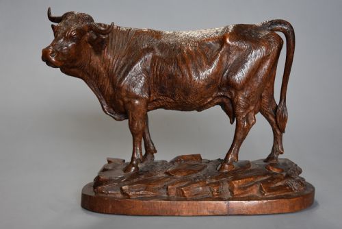 Finely Carved Late 19thc Linden Wood Black Forest Cow, Possibly by the Huggler Family