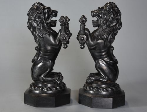 Pair of Fine Quality Late 19th Century Cast Iron Fire Dogs in the Form of Lions