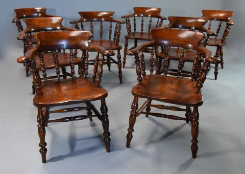 fig 1. Large set of eight mid 19th century Smokers bow Windsor chairs or office chairs.