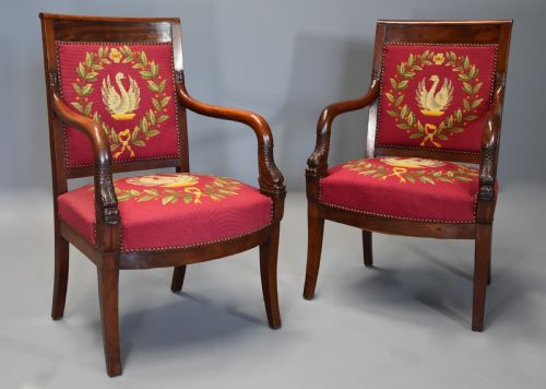 Pair of 19th Century French Empire Mahogany Fauteuils or Open Armchairs