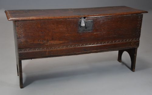 fig 1. Late 17th century oak six plank coffer with excellent patina narrow proportions