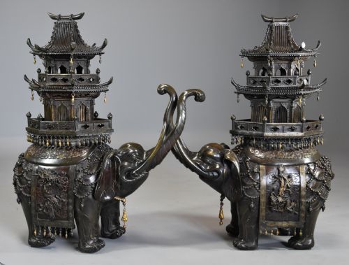 Pair of Large Fine Quality Late 19thc Japanese Meiji Bronze Elephant Incense Burners or Koro