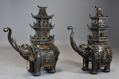 fig 1. Pair of large fine quality late 19thc Japanese Meiji bronze elephant incense burners or koro