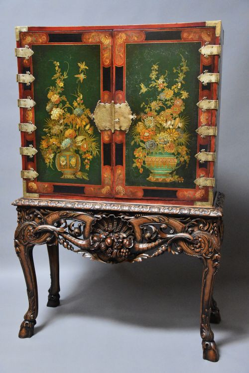 fig 1. Superb quality English early 20th century George II style lacquered cabinet on stand