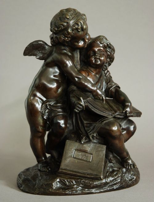 Mid 19thc French Bronze of a Putto Next to a Seated Young Girl, Marked 'Moreau 1857'