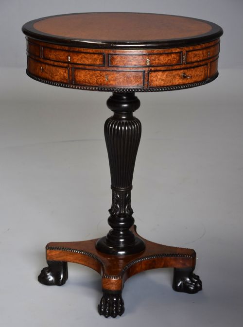 Exceptionally Rare Early 19thc Anglo Chinese Amboyna & Macassar Ebony Work Table Drum Table