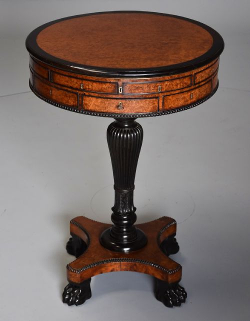 fig 1. Exceptionally rare early 19thc Anglo Chinese amboyna & macassar ebony work table drum table