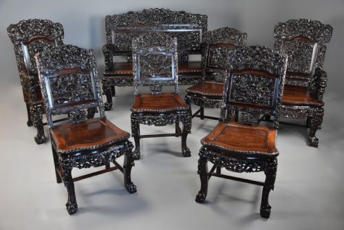 fig 2. Superb quality late 19th century Chinese profusely carved padouk seven piece suite