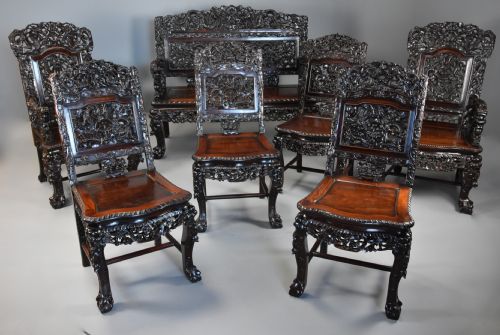 Superb Quality Late 19th Century Chinese Profusely Carved Padouk Seven Piece Suite