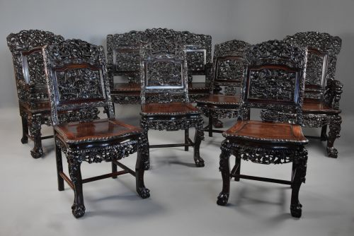 fig 1. Superb quality late 19th century Chinese profusely carved padouk seven piece suite
