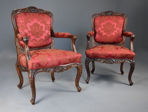 fig 1. Pair of fine quality French 19th century walnut fauteuils or open armchairs