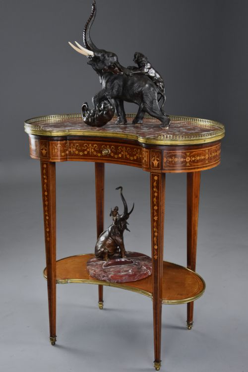 fig 2. Fine quality 19thc two tier kidney shaped mahogany & satinwood marble top occasional table in the manner of Edwards & Roberts