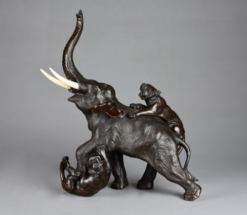 Fine Quality Late 19th Century Meiji Period Japanese Bronze Elephant and Tiger Group