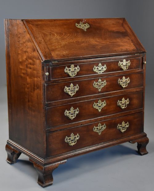 fig 1. Mid-late 18thc mahogany bureau supported on ogee feet of fine patina with superb interior