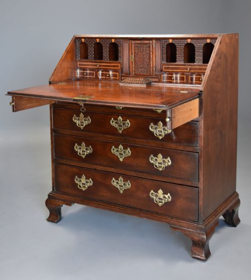fig 2. Mid-late 18thc mahogany bureau supported on ogee feet of fine patina with superb interior
