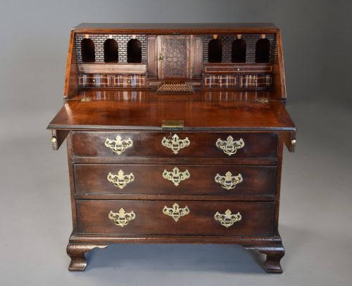 fig 3. Mid-late 18thc mahogany bureau supported on ogee feet of fine patina with superb interior