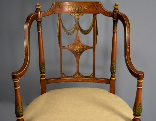 fig 1. Fine quality early 20th century Sheraton revival satinwood & painted open armchair