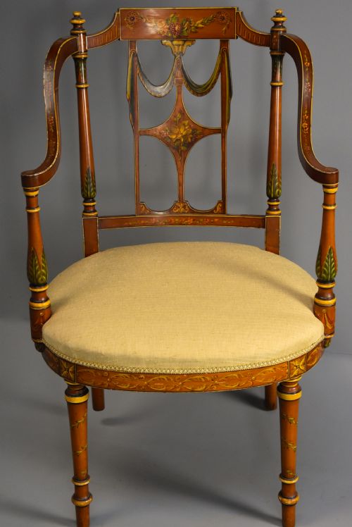 fig 2. Fine quality early 20th century Sheraton revival satinwood & painted open armchair