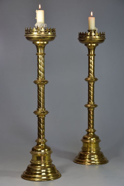 Pair of Highly Decorative Late 19th Century Gothic Style Brass Candlesticks