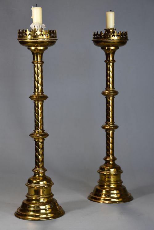 fig 1. Pair of highly decorative late 19th century Gothic style brass candlesticks