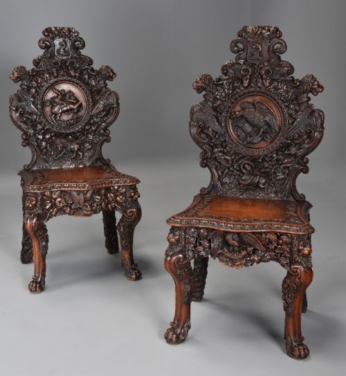 Superb Pair of Mid 19thc Exhibition Quality Carved Oak Chairs of Large Proportion