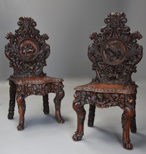 fig 1. Superb pair of mid 19thc Exhibition quality carved oak chairs of large proportion