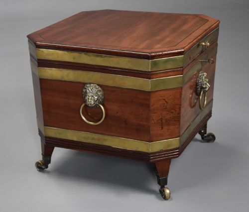 fig 1. Early 19th century Regency mahogany brass bound cellarette or wine cooler of excellent patina 