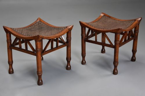 Pair of Early 20th Century Walnut Thebes Stools, Designed by Liberty & Co.