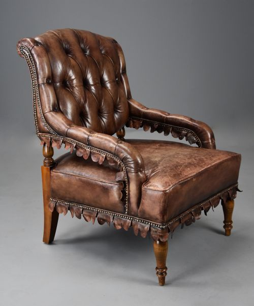 Highly Decorative French Brown Leather Open Armchair, the Leather of Nicely Worn Appearance