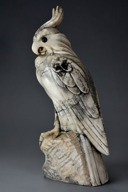 French Art Deco Carved Marble Sculpture of a Crested Cockatoo