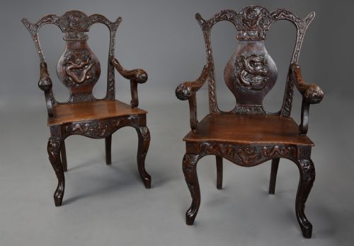 Pair of Highly Decorative 19thc Walnut Open Armchairs of Chinese Influence in the 18thc Style