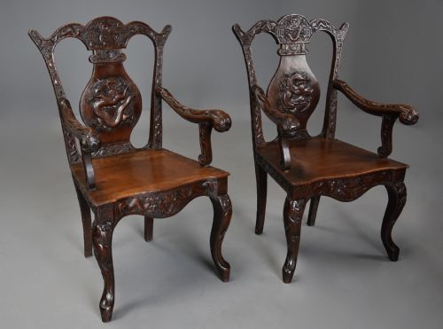 fig 3. Pair of highly decorative 19thc walnut open armchairs of Chinese influence in the 18thc style