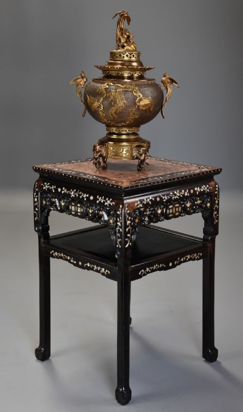 fig 1. Highly decorative late 19thc Chinese hardwood & mother of pearl square pot stand