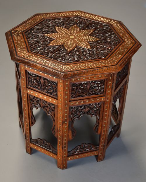fig 1. Superb quality highly decorative 19thc Anglo Indian carved & inlaid hardwood octagonal table