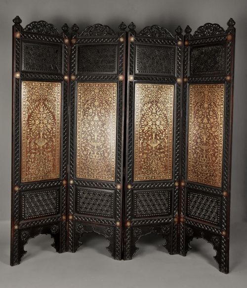Fine Quality 19thc Anglo Indian Profusely Carved Padouk & Brass Inlaid Four Fold Screen from Northern India