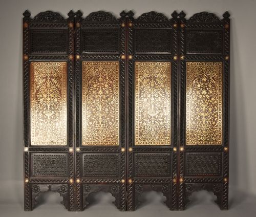 fig 1. Fine quality 19thc Anglo Indian profusely carved padouk & brass inlaid four fold screen from Northern India