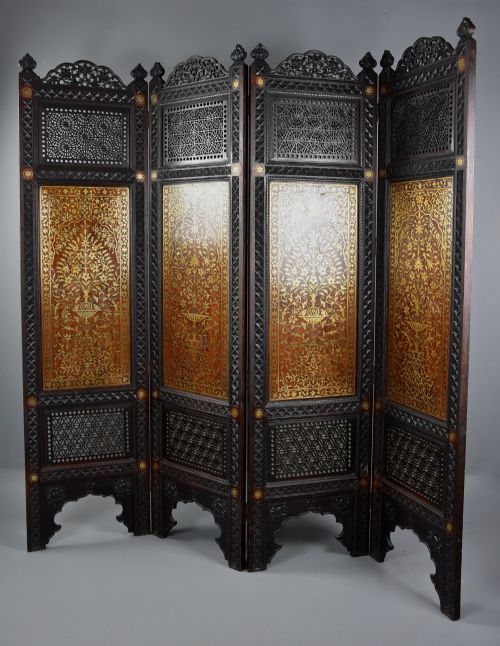 fig 2. Fine quality 19thc Anglo Indian profusely carved padouk & brass inlaid four fold screen from Northern India