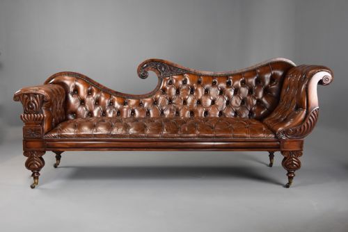 Superb Late Regency / William Ivth Mahogany Scroll Back Deep Buttoned Brown Leather Sofa with Influences of John Taylor & George Smith