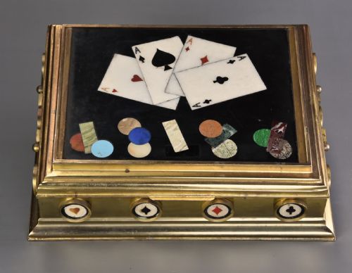 Highly Decorative Mid/late 19thc Pietre Dure and Gilt Brass Games Box