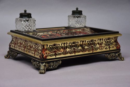 19th Century French Napoleon III Tortoiseshell and Inlaid Brass Desk Stand or Inkstand