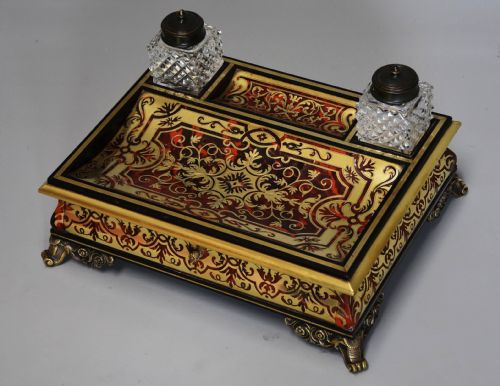fig 1. 19th century French Napoleon III tortoiseshell and inlaid brass desk stand or inkstand