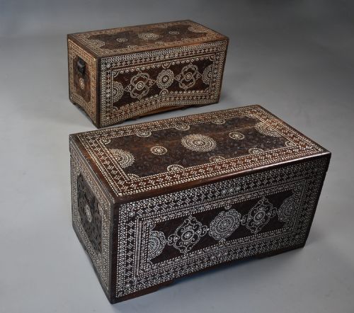 Highly Decorative Near Pair of Early 20thc Hardwood and Mother of Pearl Syrian Trunks