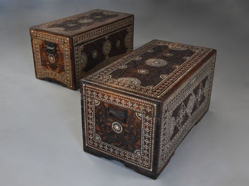 fig 1. Highly decorative near pair of early 20thc hardwood and mother of pearl Syrian trunks